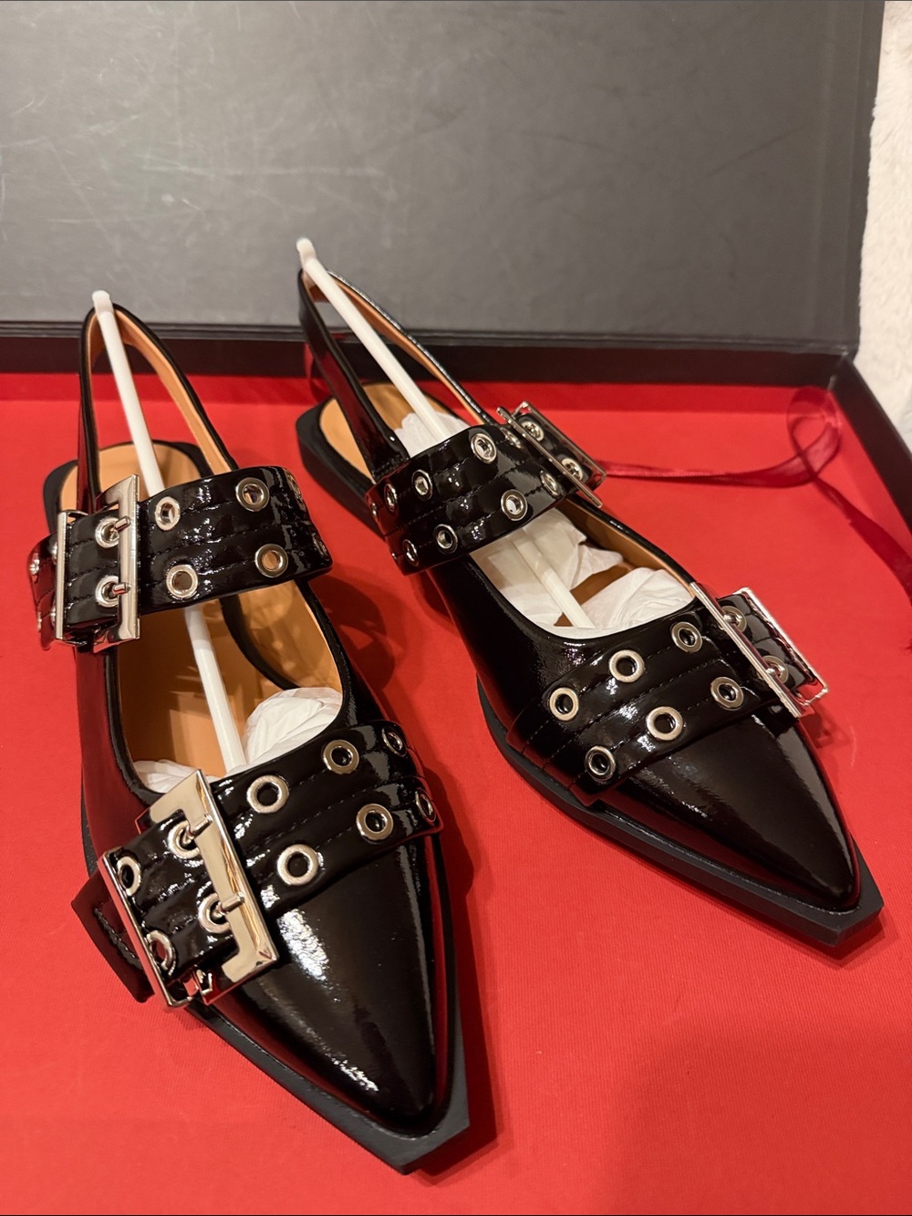 Patent Pointed Toe Buckle Flats in Black